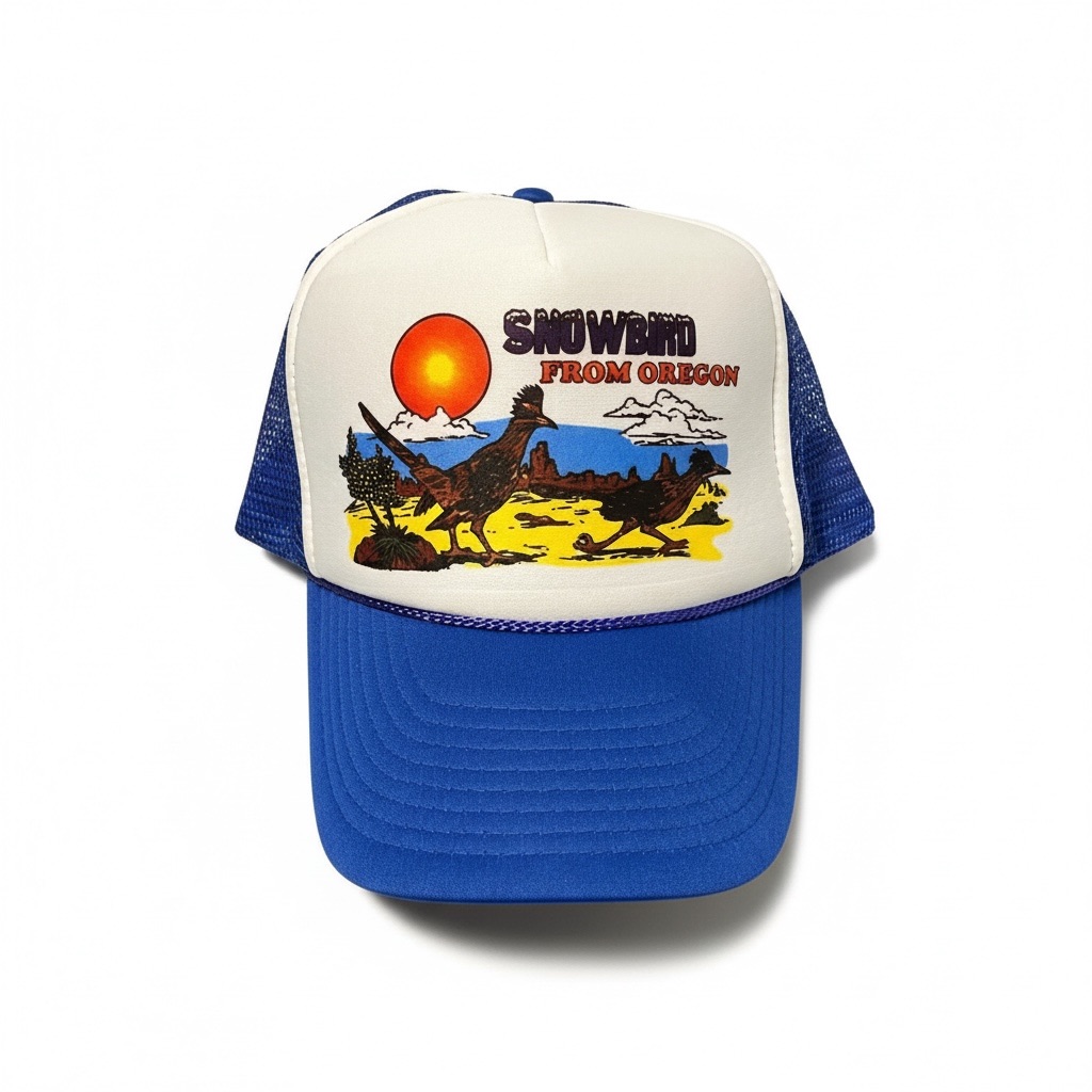 Vintage 70s Nissin Oregon Snowbird Trucker Hat Blue Mesh Snapback Cap